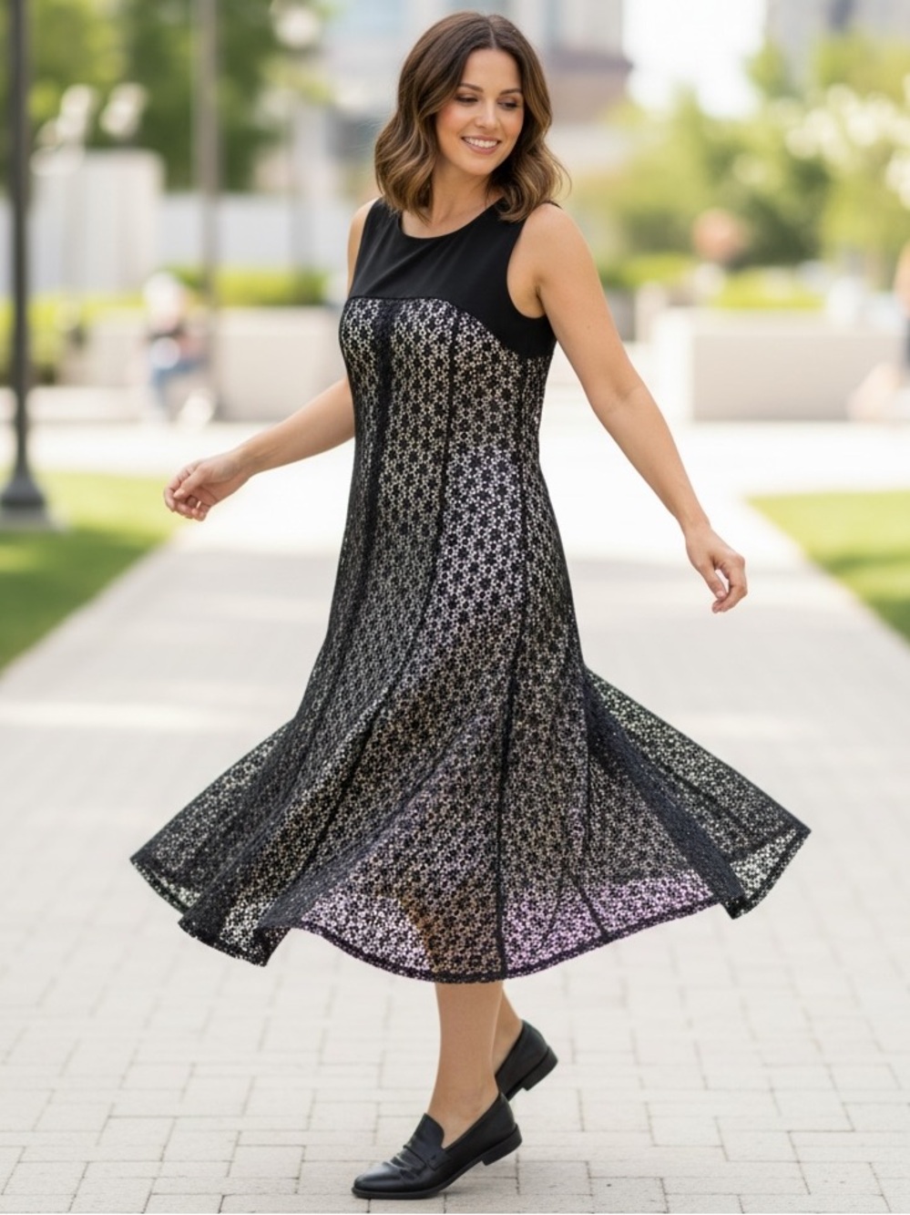 Anne Klein Black Eyelet Lace Midi Dress